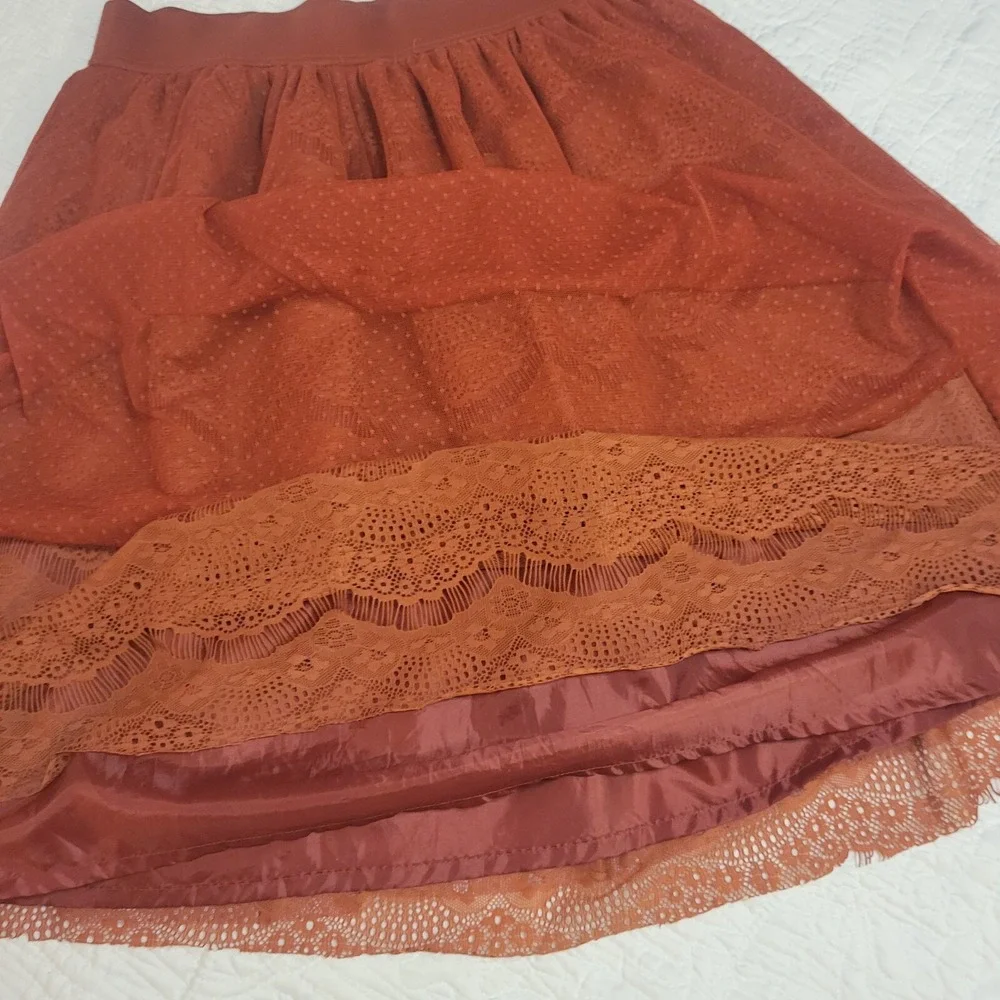 DownEast Rust Orange Lace Mesh Skirt Womens Medium‎ Scalloped Hem Knee Length